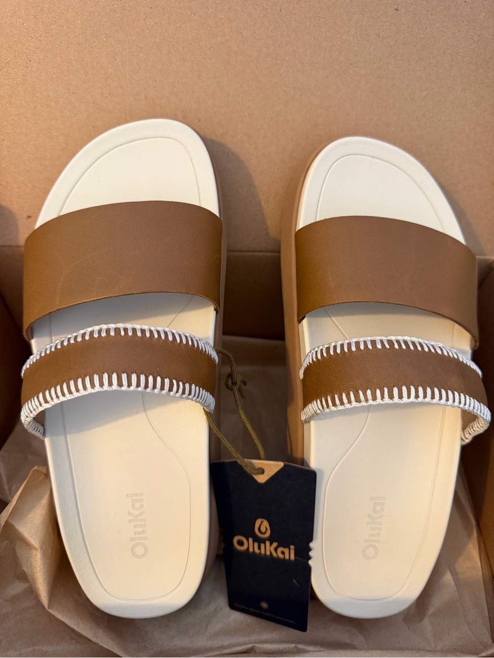 OluKai Tan & White Double-Band Platform Slide